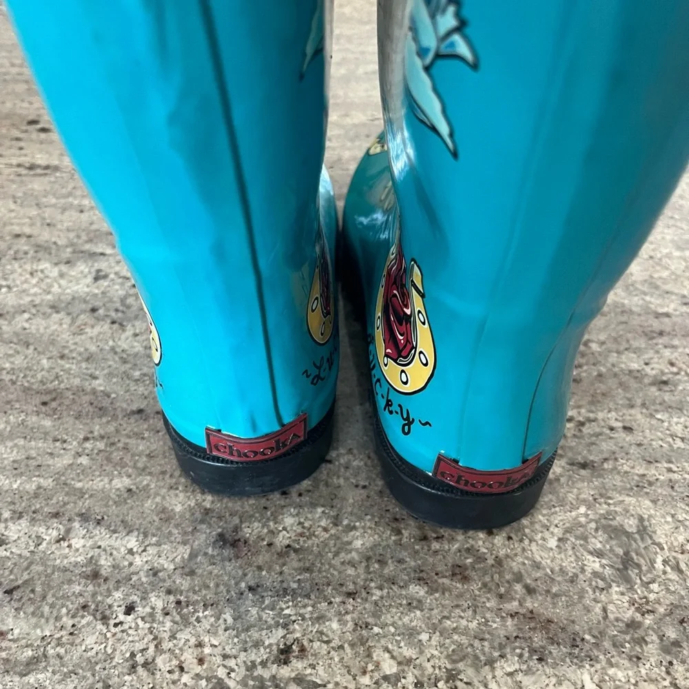 Chooka Size 4 Lucky Rock N Roll Rain Boots with skulls Tattoo Print